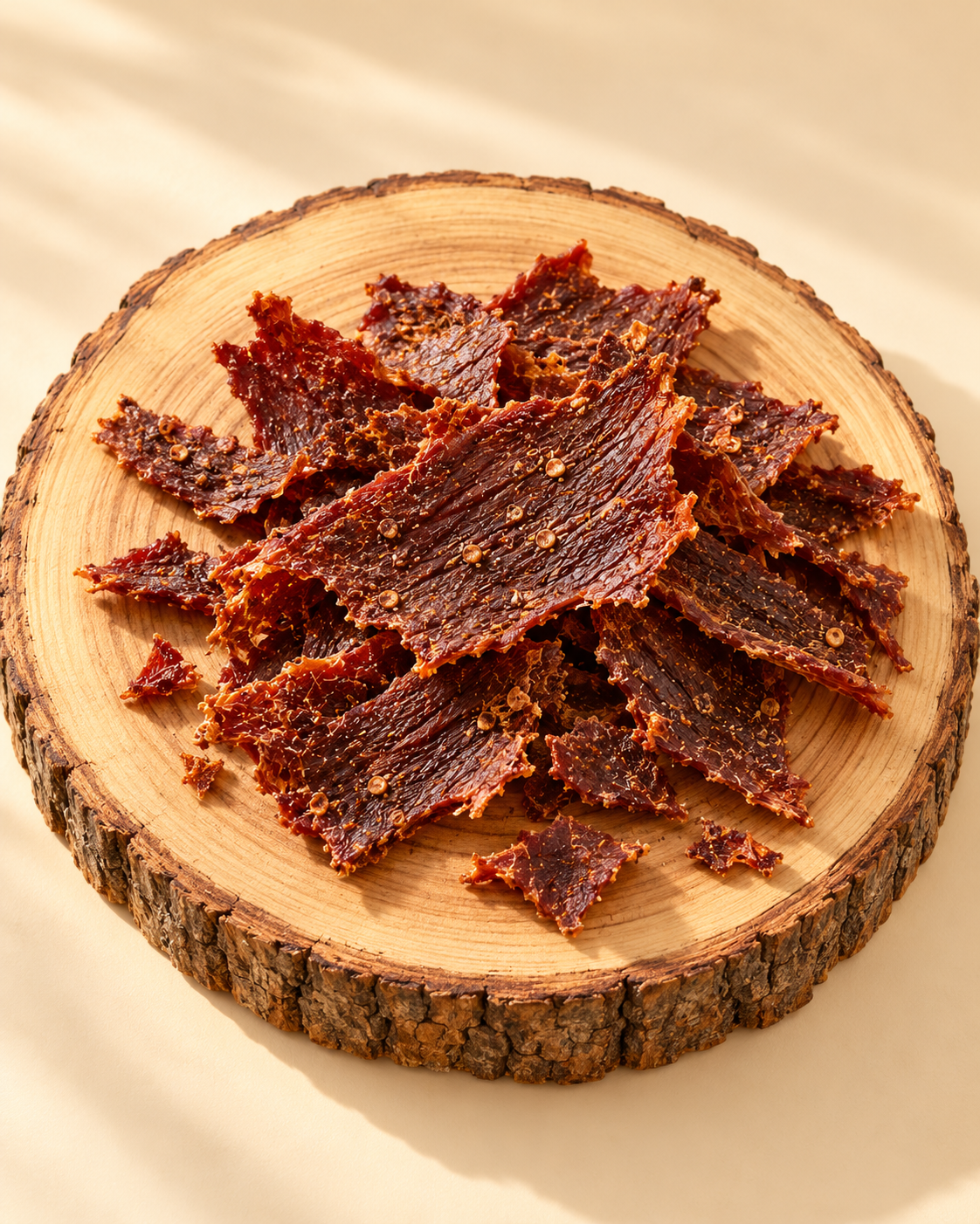 Thin crispy beef jerky chips on a rustic round tree-slice wood cutting board