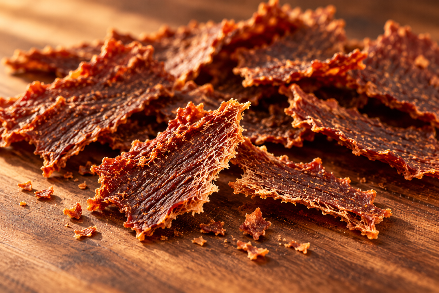 Close-up product mockup of thin crispy beef chips with broken edges on wood