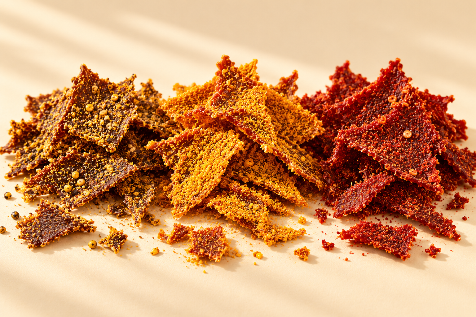 Product mockup of golden lemon pepper, yellow elote, and red chili-coated beef jerky chips