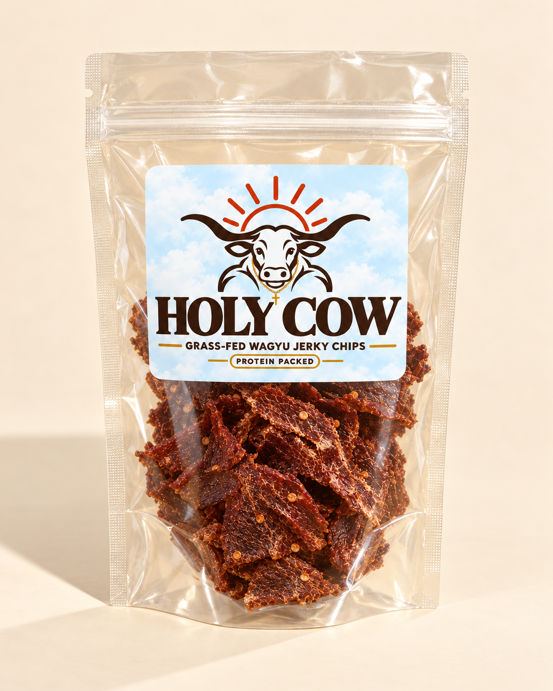Plain Jane jerky chips visible through a clear pouch with a cloudy blue Holy Cow label
