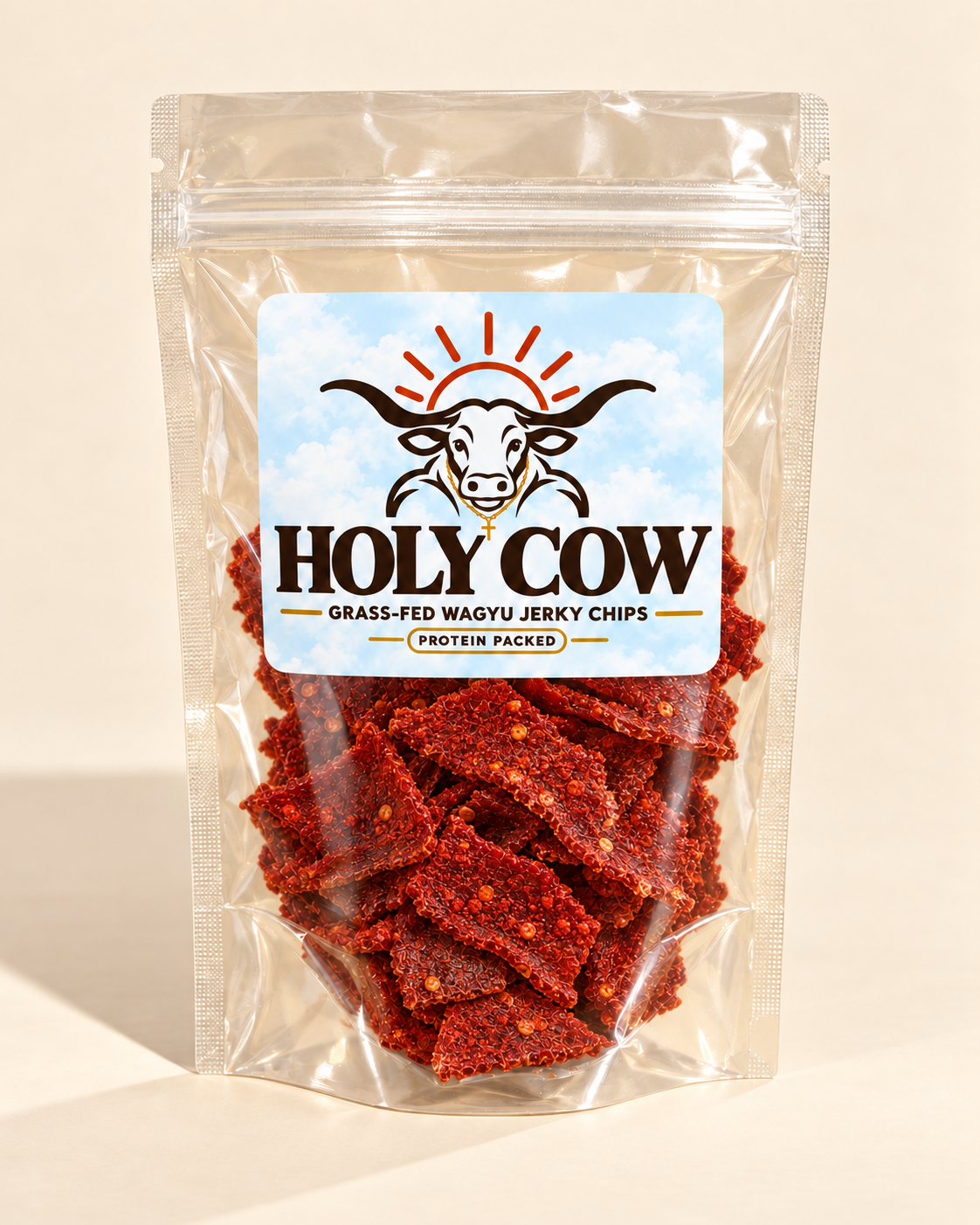 Fuego Takis jerky chips visible through a clear pouch with a cloudy blue Holy Cow label
